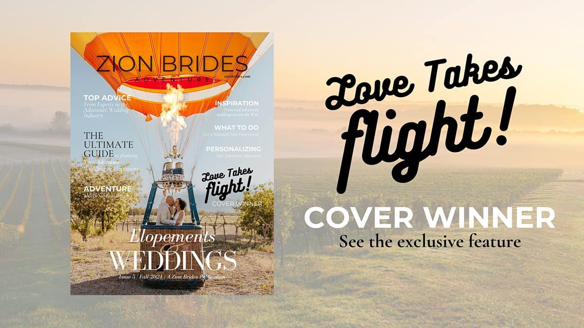 Vow renewal in a Vegas vineyard with a hot air balloon and the couple wearing light neutral colors, yellow, and red | Las Vegas Hot Air Balloon Vow Renewal | Mattalynn Mason Photography | Adventure Wed Feature
