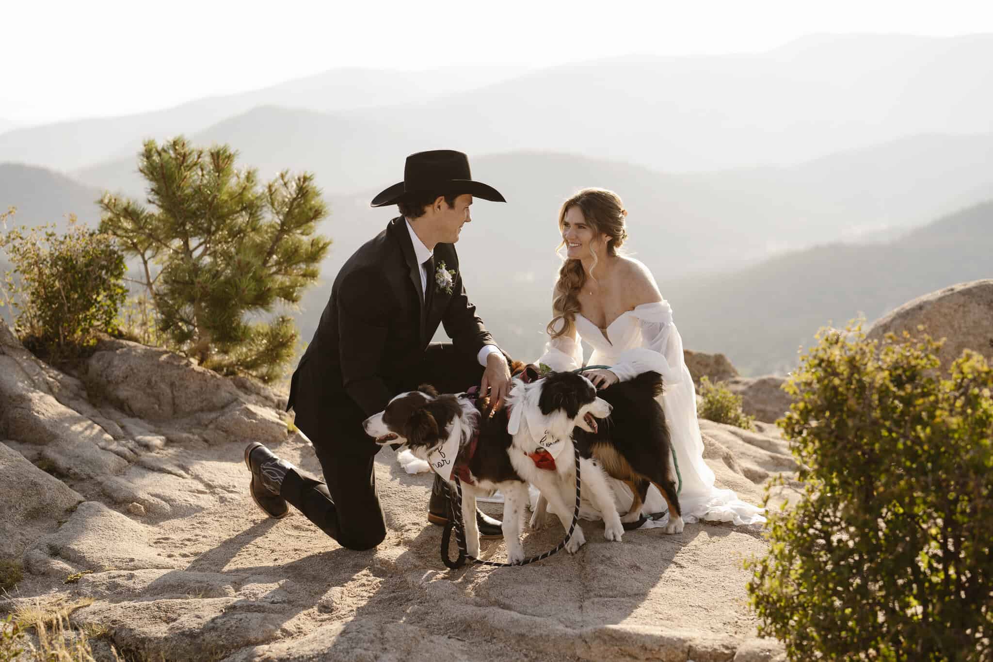 Bride and groom share moments with their dogs on a mountaintop in Colorado at sunrise | Estes Park Wedding with Hiking and Paddleboarding | Story Maker Photo | Adventure Wed Feature